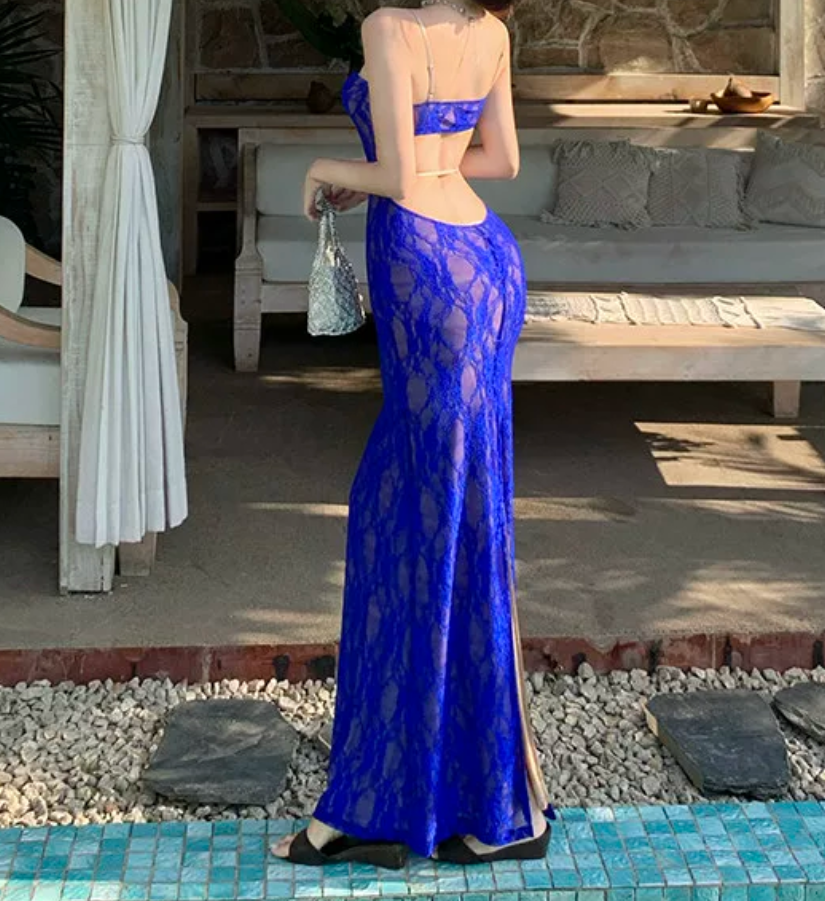 Playful Spaghetti Strap Prom Dress Blue Lace Mermaid Evening Dress C9627