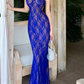 Playful Spaghetti Strap Prom Dress Blue Lace Mermaid Evening Dress C9627