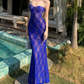 Playful Spaghetti Strap Prom Dress Blue Lace Mermaid Evening Dress C9627