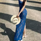 Playful Spaghetti Strap Prom Dress Blue Lace Mermaid Evening Dress C9627