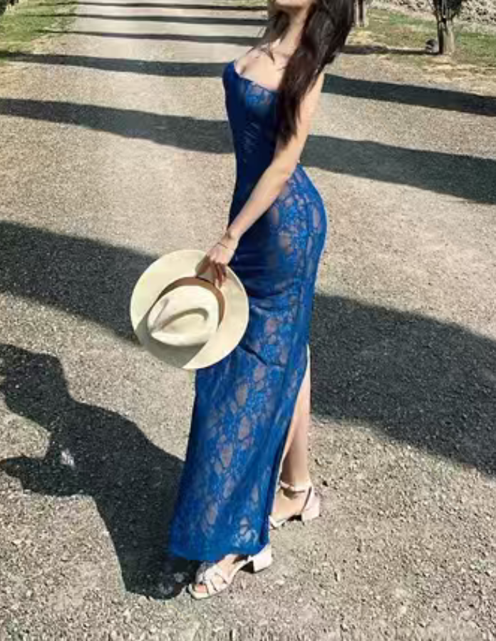 Playful Spaghetti Strap Prom Dress Blue Lace Mermaid Evening Dress C9627
