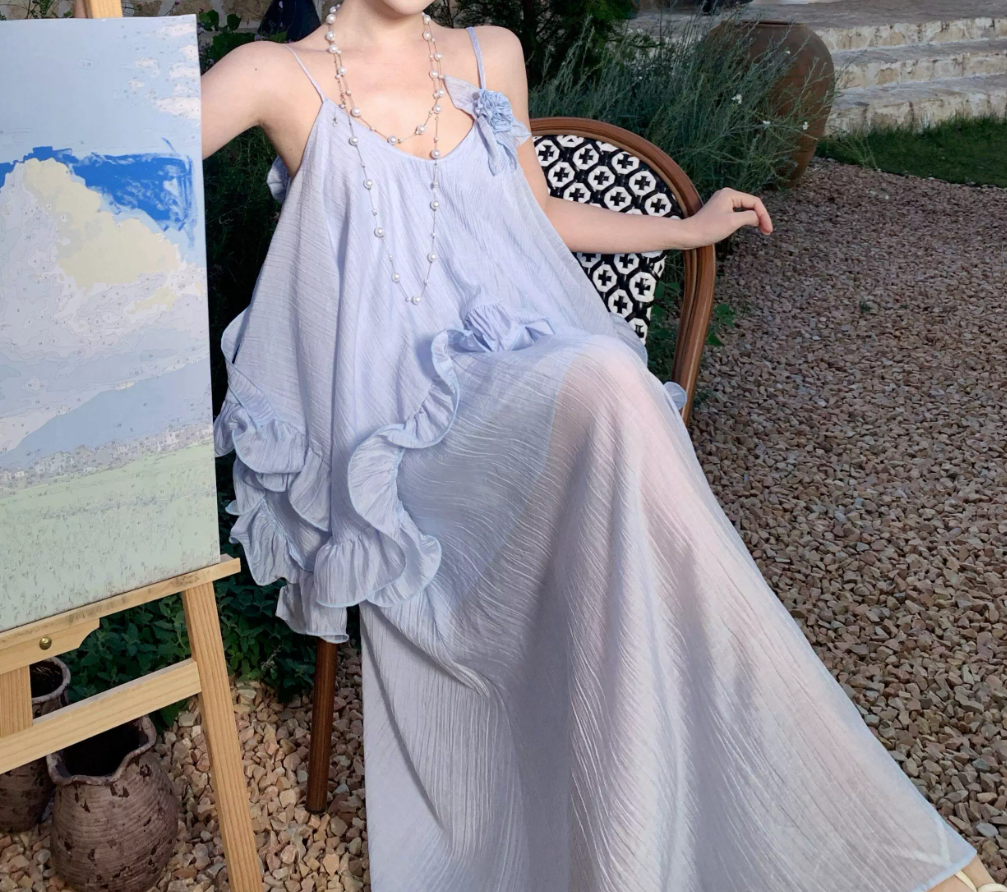 Glamorous Spaghetti Straps Prom Dress Blue Ruffles A-Line Evening Dress C9628