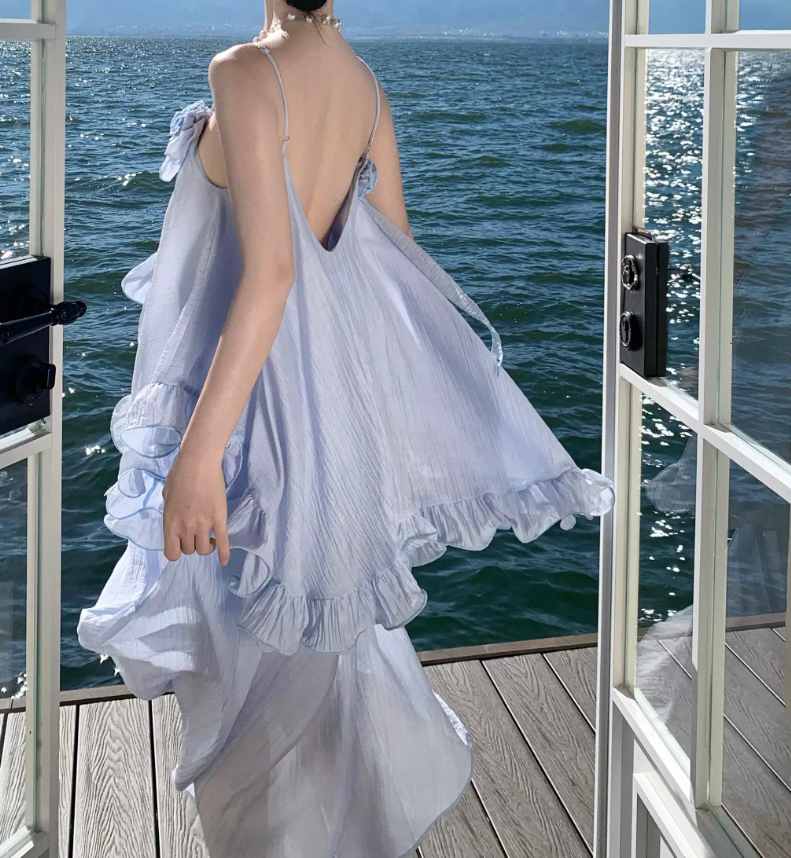 Glamorous Spaghetti Straps Prom Dress Blue Ruffles A-Line Evening Dress C9628