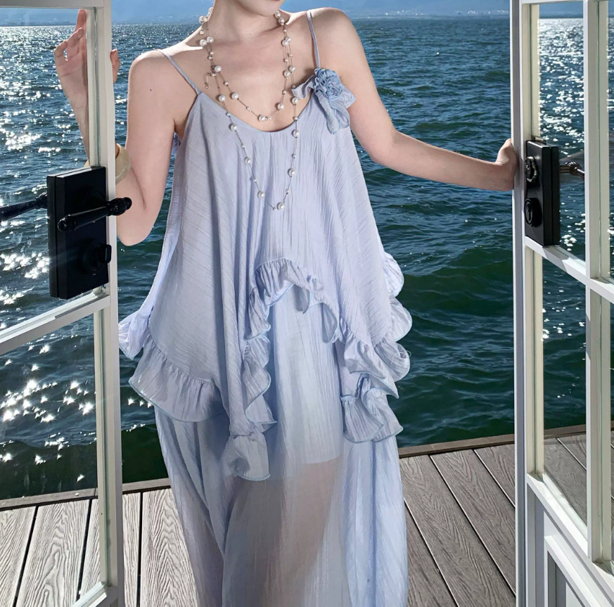 Glamorous Spaghetti Straps Prom Dress Blue Ruffles A-Line Evening Dress C9628
