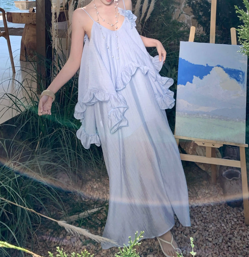 Glamorous Spaghetti Straps Prom Dress Blue Ruffles A-Line Evening Dress C9628