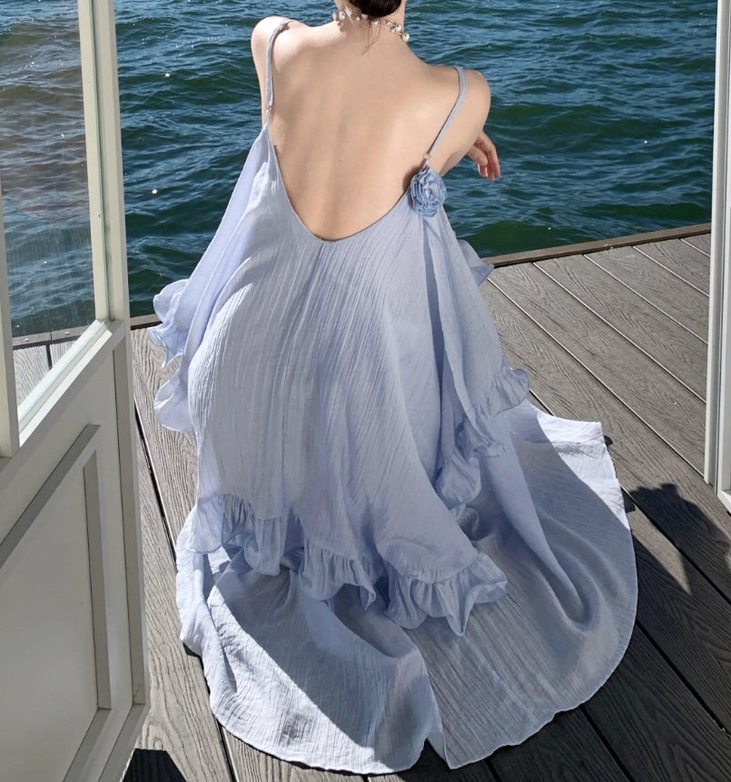 Glamorous Spaghetti Straps Prom Dress Blue Ruffles A-Line Evening Dress C9628