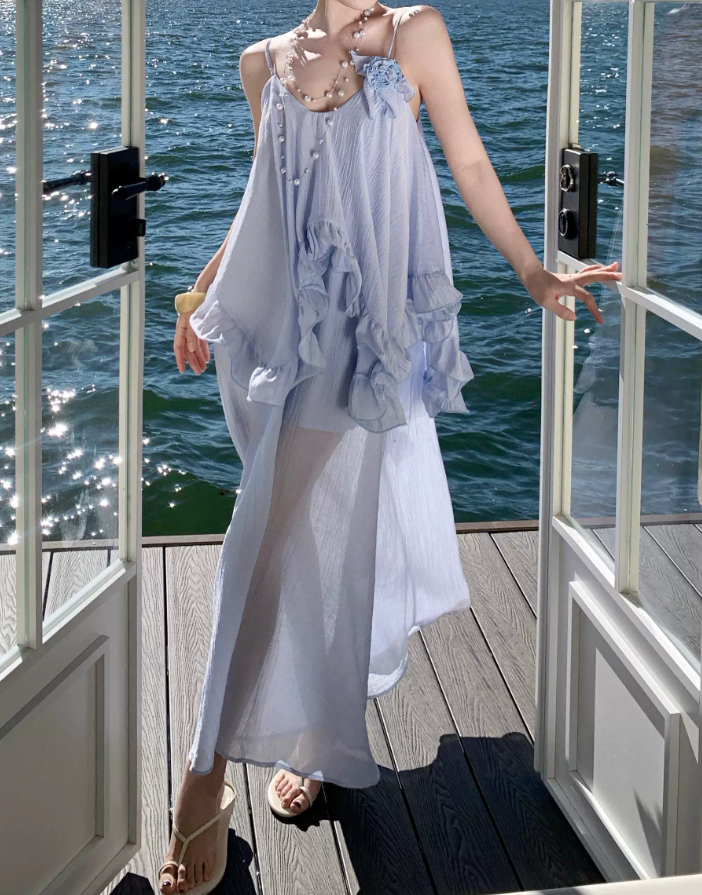 Glamorous Spaghetti Straps Prom Dress Blue Ruffles A-Line Evening Dress C9628