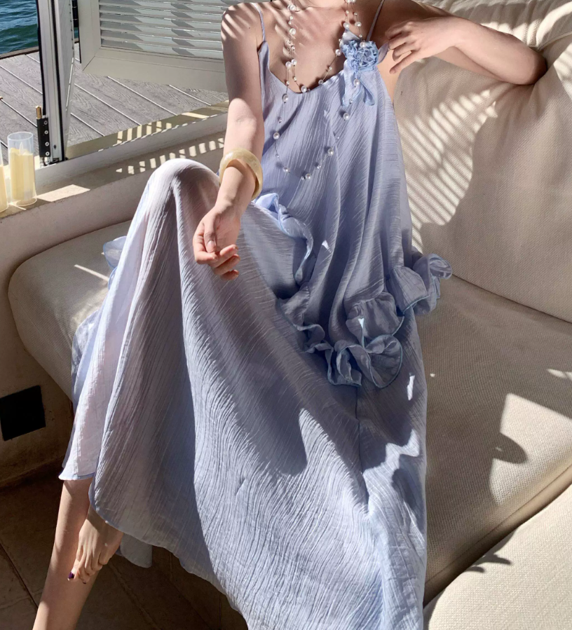 Glamorous Spaghetti Straps Prom Dress Blue Ruffles A-Line Evening Dress C9628