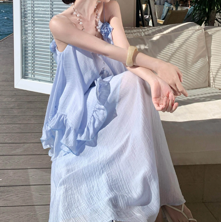 Glamorous Spaghetti Straps Prom Dress Blue Ruffles A-Line Evening Dress C9628