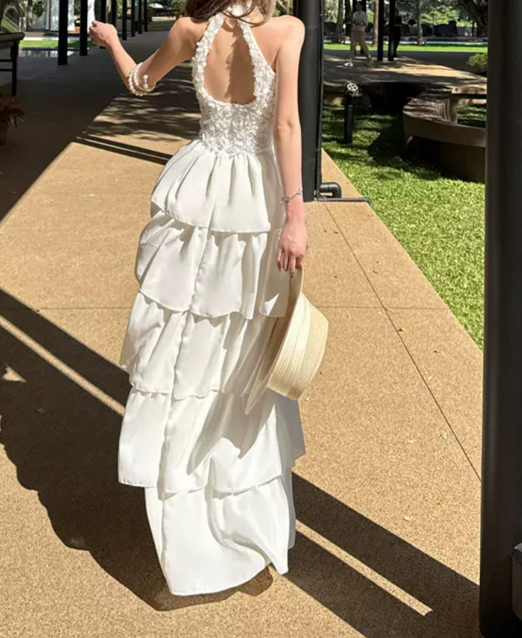 Charming Halter Neck Prom Dress White Tiered A-Line Evening Dress C9629