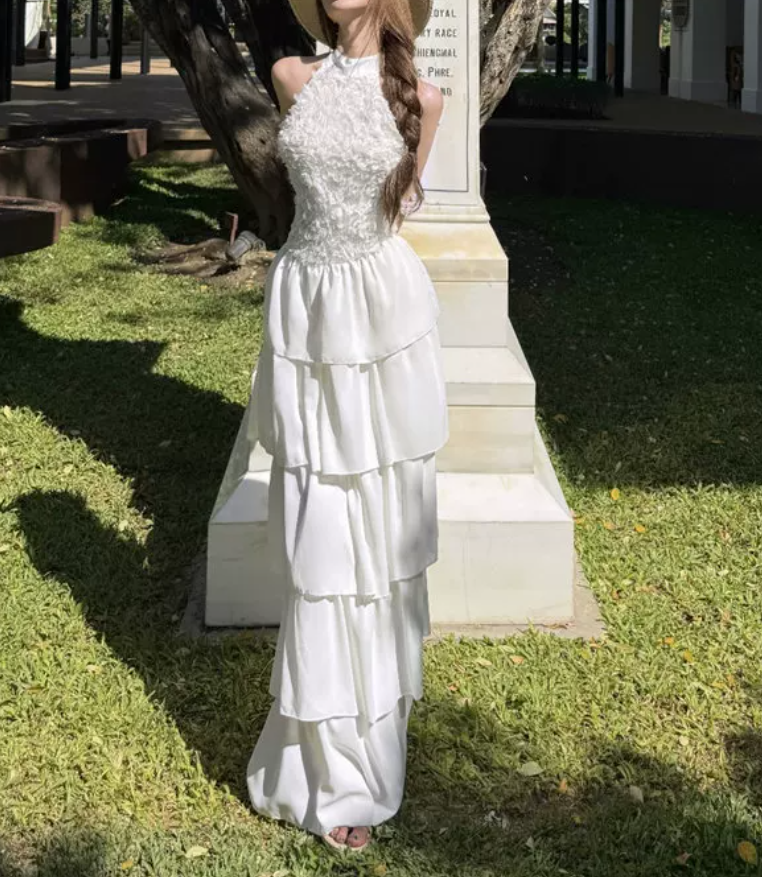 Charming Halter Neck Prom Dress White Tiered A-Line Evening Dress C9629