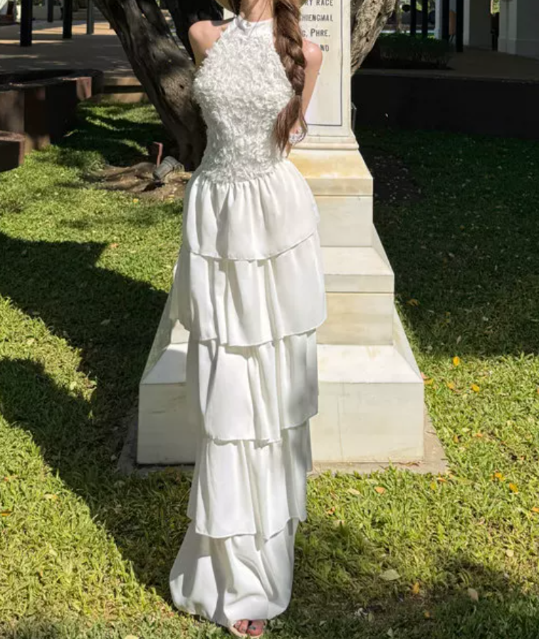 Charming Halter Neck Prom Dress White Tiered A-Line Evening Dress C9629