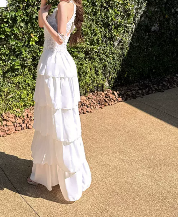 Charming Halter Neck Prom Dress White Tiered A-Line Evening Dress C9629