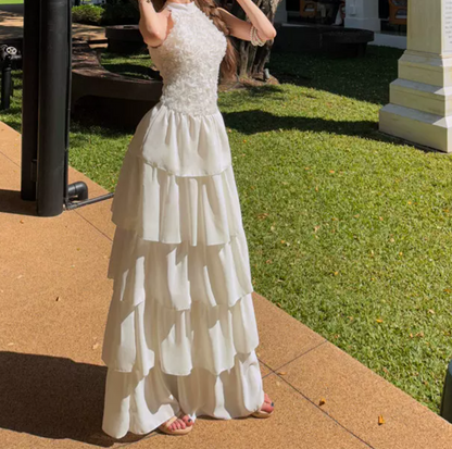 Charming Halter Neck Prom Dress White Tiered A-Line Evening Dress C9629