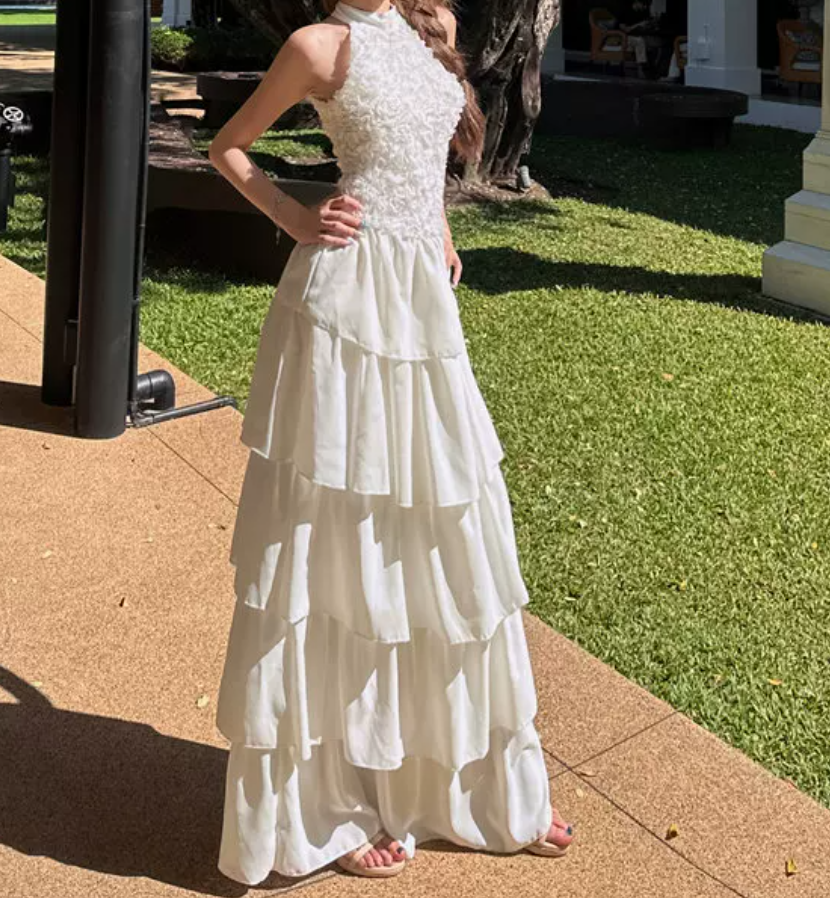 Charming Halter Neck Prom Dress White Tiered A-Line Evening Dress C9629