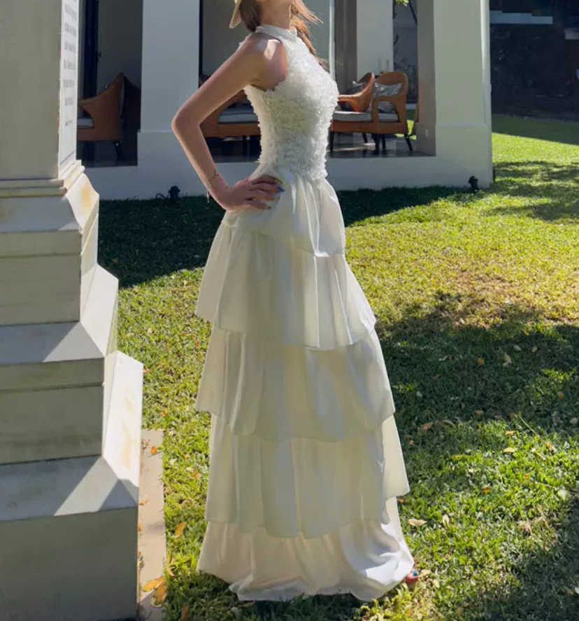 Charming Halter Neck Prom Dress White Tiered A-Line Evening Dress C9629