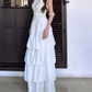 Charming Halter Neck Prom Dress White Tiered A-Line Evening Dress C9629