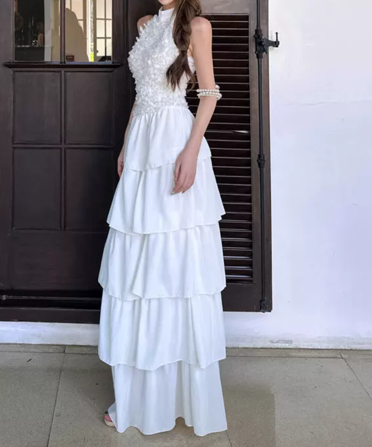 Charming Halter Neck Prom Dress White Tiered A-Line Evening Dress C9629