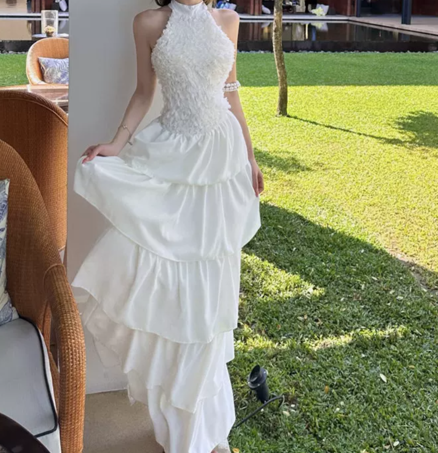 Charming Halter Neck Prom Dress White Tiered A-Line Evening Dress C9629