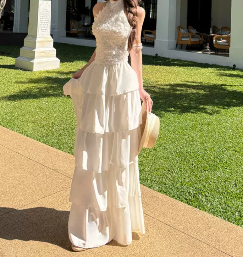 Charming Halter Neck Prom Dress White Tiered A-Line Evening Dress C9629