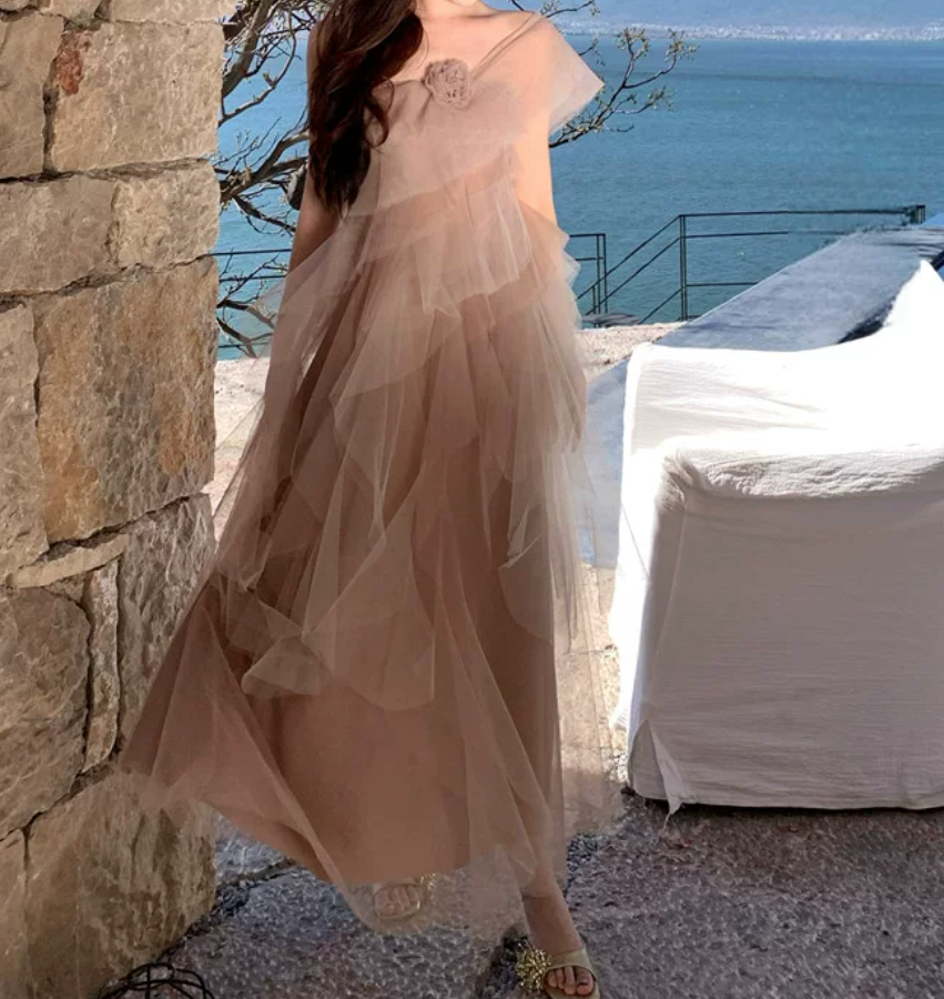 Dreamy One Shoulder Prom Dress Tiered Tulle A-Line Evening Dress C9630