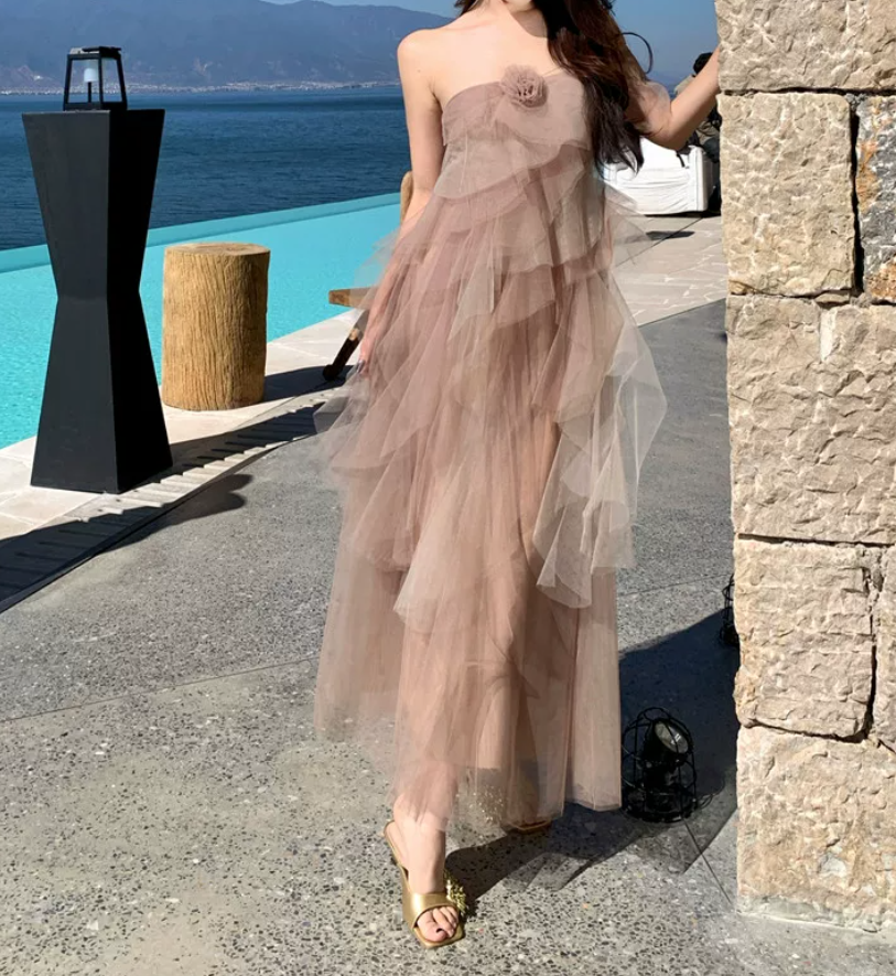 Dreamy One Shoulder Prom Dress Tiered Tulle A-Line Evening Dress C9630