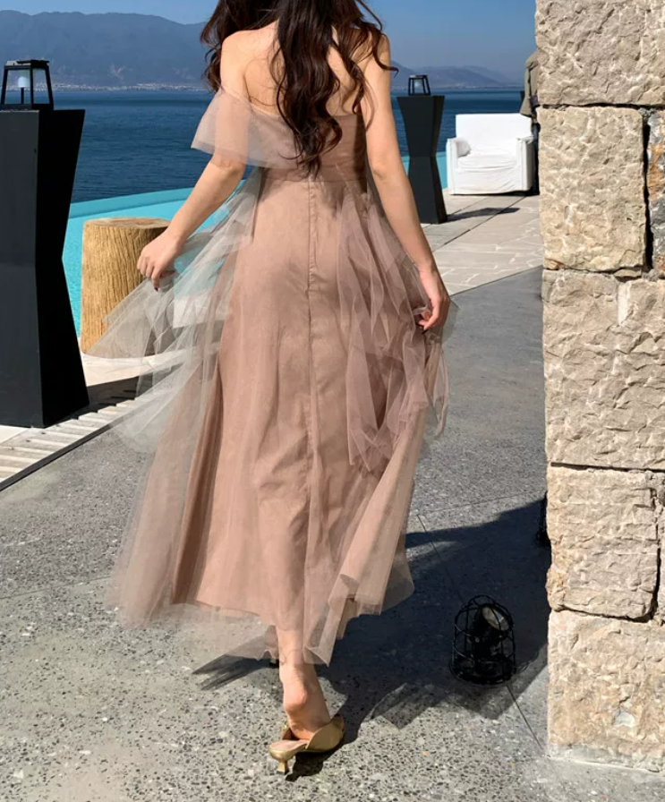 Dreamy One Shoulder Prom Dress Tiered Tulle A-Line Evening Dress C9630