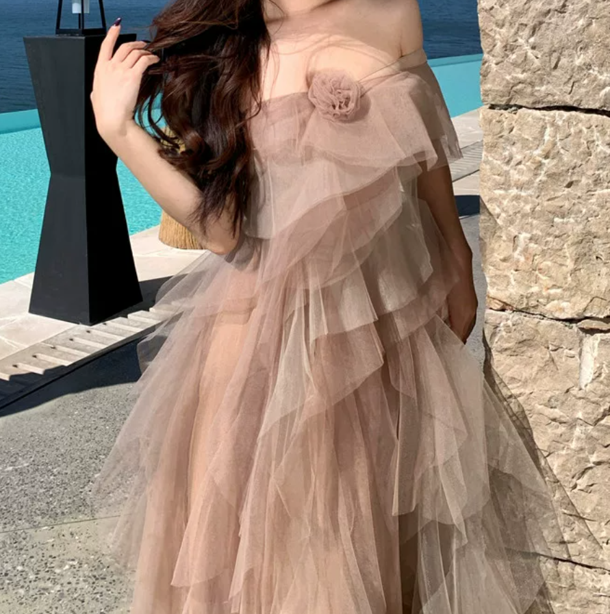 Dreamy One Shoulder Prom Dress Tiered Tulle A-Line Evening Dress C9630