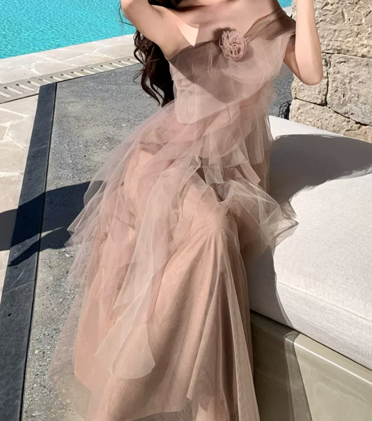 Dreamy One Shoulder Prom Dress Tiered Tulle A-Line Evening Dress C9630