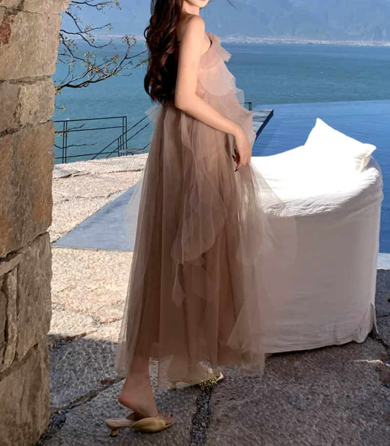 Dreamy One Shoulder Prom Dress Tiered Tulle A-Line Evening Dress C9630