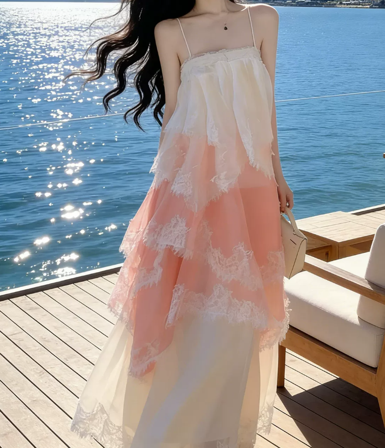 Ornate Spaghetti Straps Prom Dress Pink Lace Tiered A-Line Evening Dress C9632