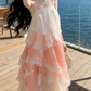 Ornate Spaghetti Straps Prom Dress Pink Lace Tiered A-Line Evening Dress C9632