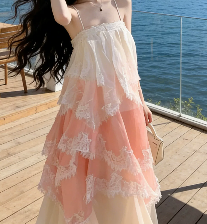 Ornate Spaghetti Straps Prom Dress Pink Lace Tiered A-Line Evening Dress C9632