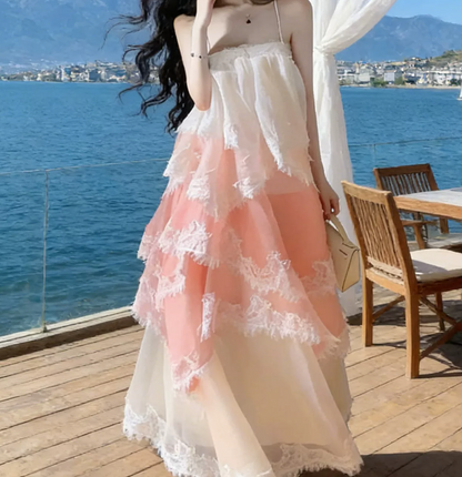 Ornate Spaghetti Straps Prom Dress Pink Lace Tiered A-Line Evening Dress C9632