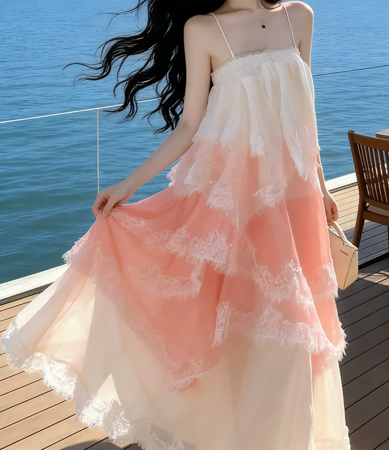 Ornate Spaghetti Straps Prom Dress Pink Lace Tiered A-Line Evening Dress C9632