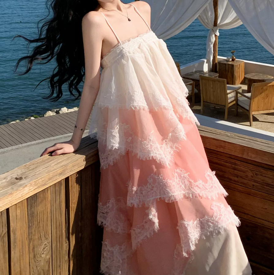 Ornate Spaghetti Straps Prom Dress Pink Lace Tiered A-Line Evening Dress C9632