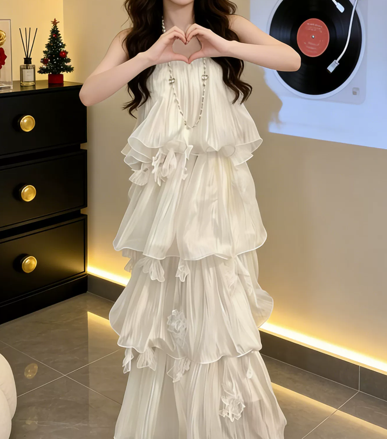 Robe de bal de princesse bustier à volants en satin long, robe de soirée C8117