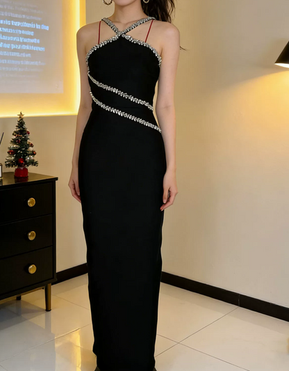 Glittering Halter Neck Prom Dress Black Beading Sheath Evening Dress C9638
