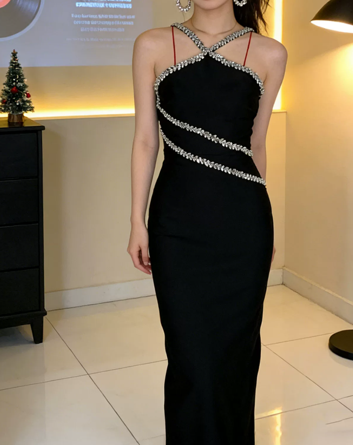 Glittering Halter Neck Prom Dress Black Beading Sheath Evening Dress C9638