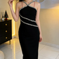 Glittering Halter Neck Prom Dress Black Beading Sheath Evening Dress C9638