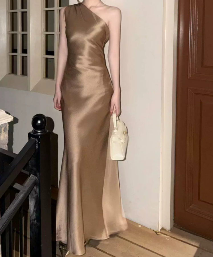 Vintage One Shoulder Prom Dress Gold Satin Mermaid Evening Dress C9639
