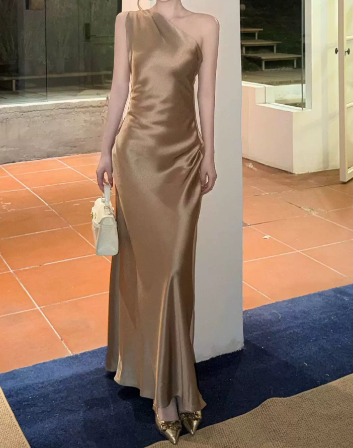 Vintage One Shoulder Prom Dress Gold Satin Mermaid Evening Dress C9639