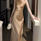 Vintage One Shoulder Prom Dress Gold Satin Mermaid Evening Dress C9639