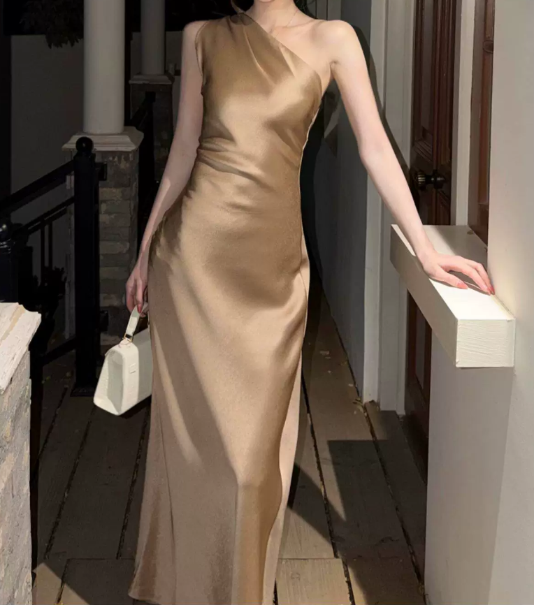 Vintage One Shoulder Prom Dress Gold Satin Mermaid Evening Dress C9639