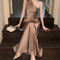 Vintage One Shoulder Prom Dress Gold Satin Mermaid Evening Dress C9639