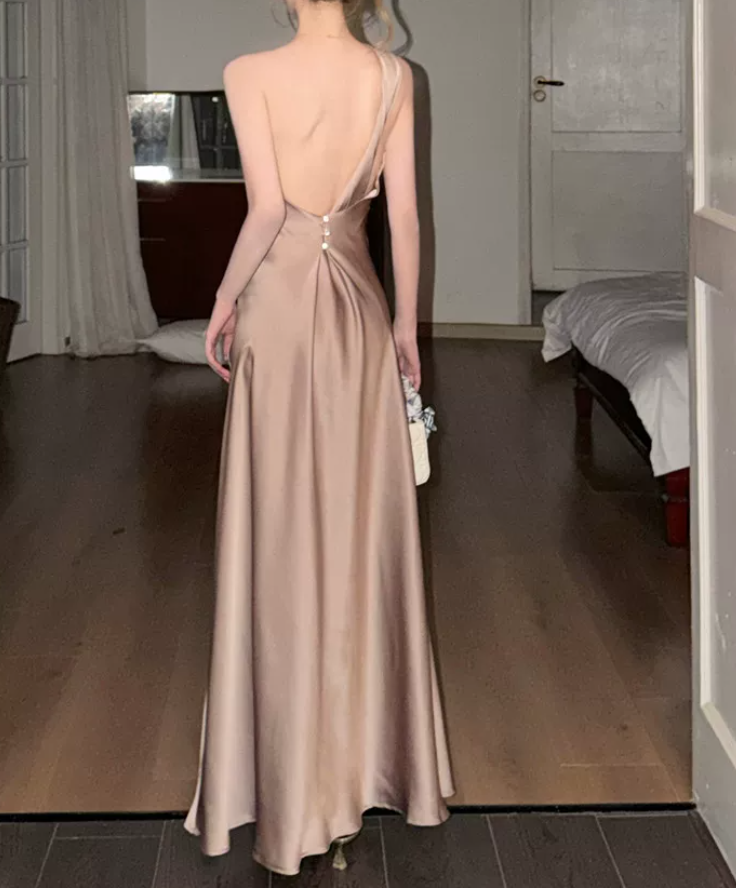 Vintage One Shoulder Prom Dress Gold Satin Mermaid Evening Dress C9639