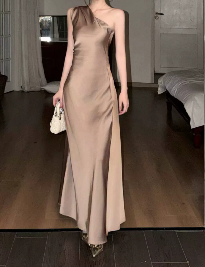 Vintage One Shoulder Prom Dress Gold Satin Mermaid Evening Dress C9639
