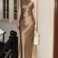 Vintage One Shoulder Prom Dress Gold Satin Mermaid Evening Dress C9639