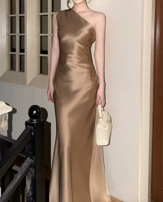 Vintage One Shoulder Prom Dress Gold Satin Mermaid Evening Dress C9639