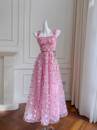 Cute A Line Pink Tulle Flowers Long Prom Dress C963